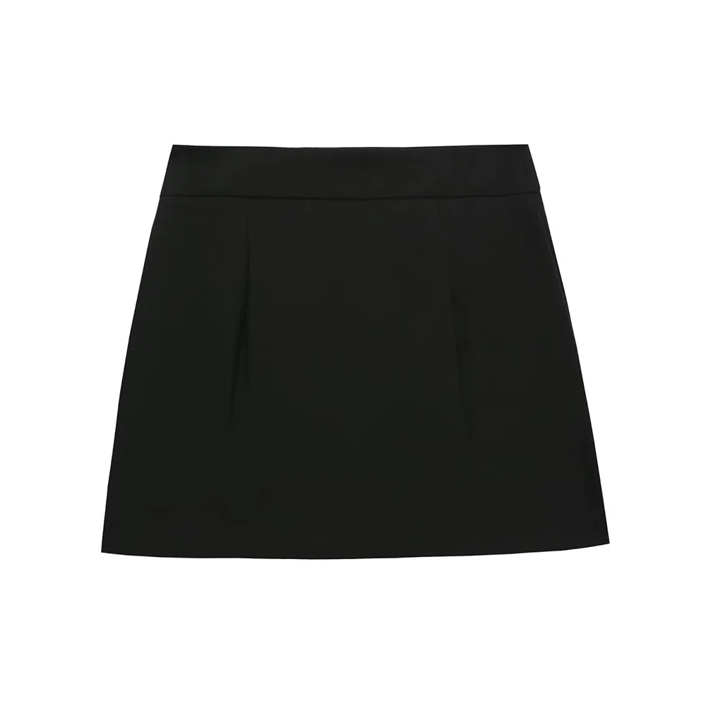 Autumn and winter new fashion ladies temperament all-match pearl bead buckle black high waist mini skirt