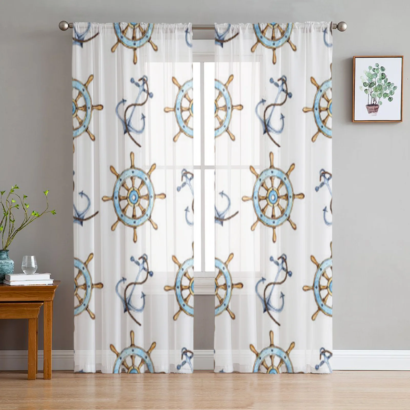 

Винтажные тюлевые шторы на руль и якорь, прозрачные Занавески для кухни, окна, гостиной, современные занавески из вуали, занавески для спаль...