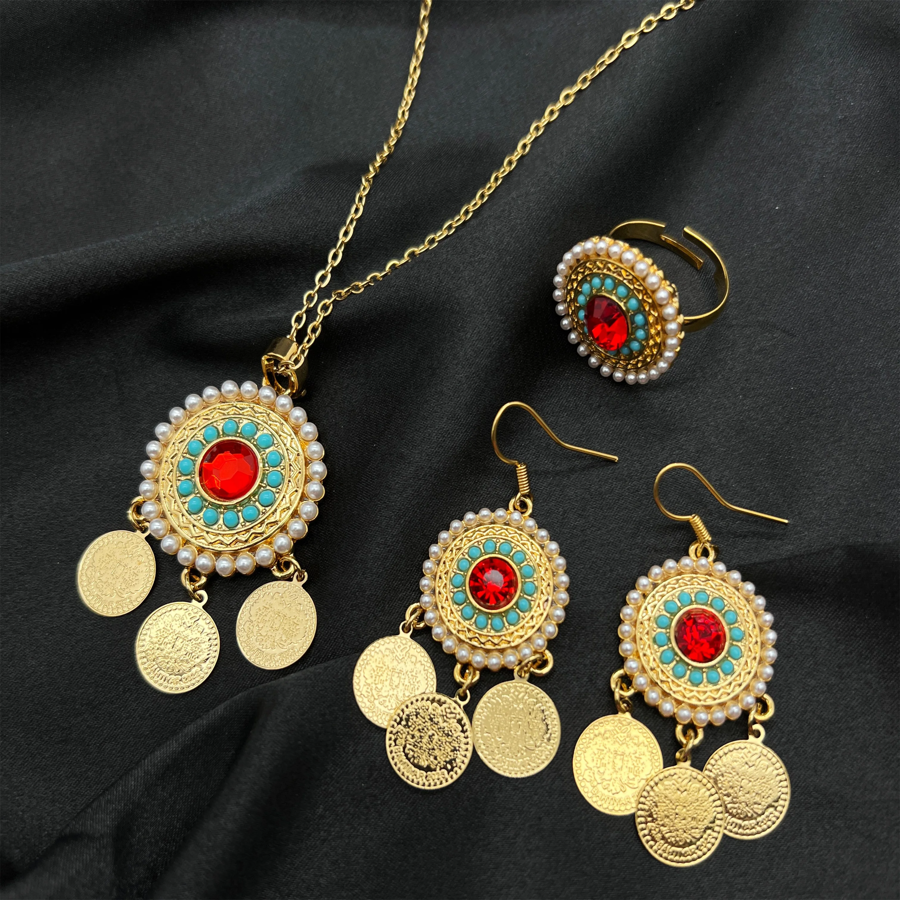 

MANDI Luxury Gold Plated Women’s Jewelry Set New Red Rhinestone Blue Natural Stone Pearl Inlaid Necklace Earrings Ring Sets