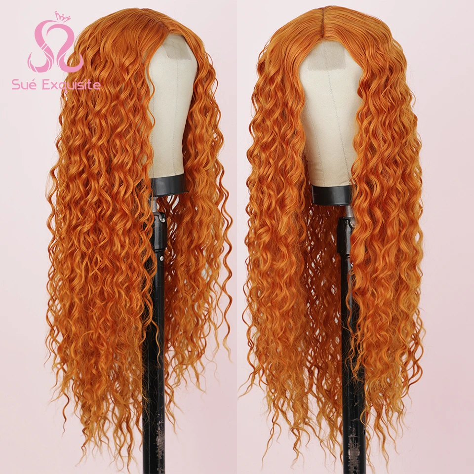 

SUe EXQUISITE Synthetic Wigs For Women Long Deep Wave Pure Red Black Orange Wig Halloween Cosplay Wigs High Temperatur Fiber