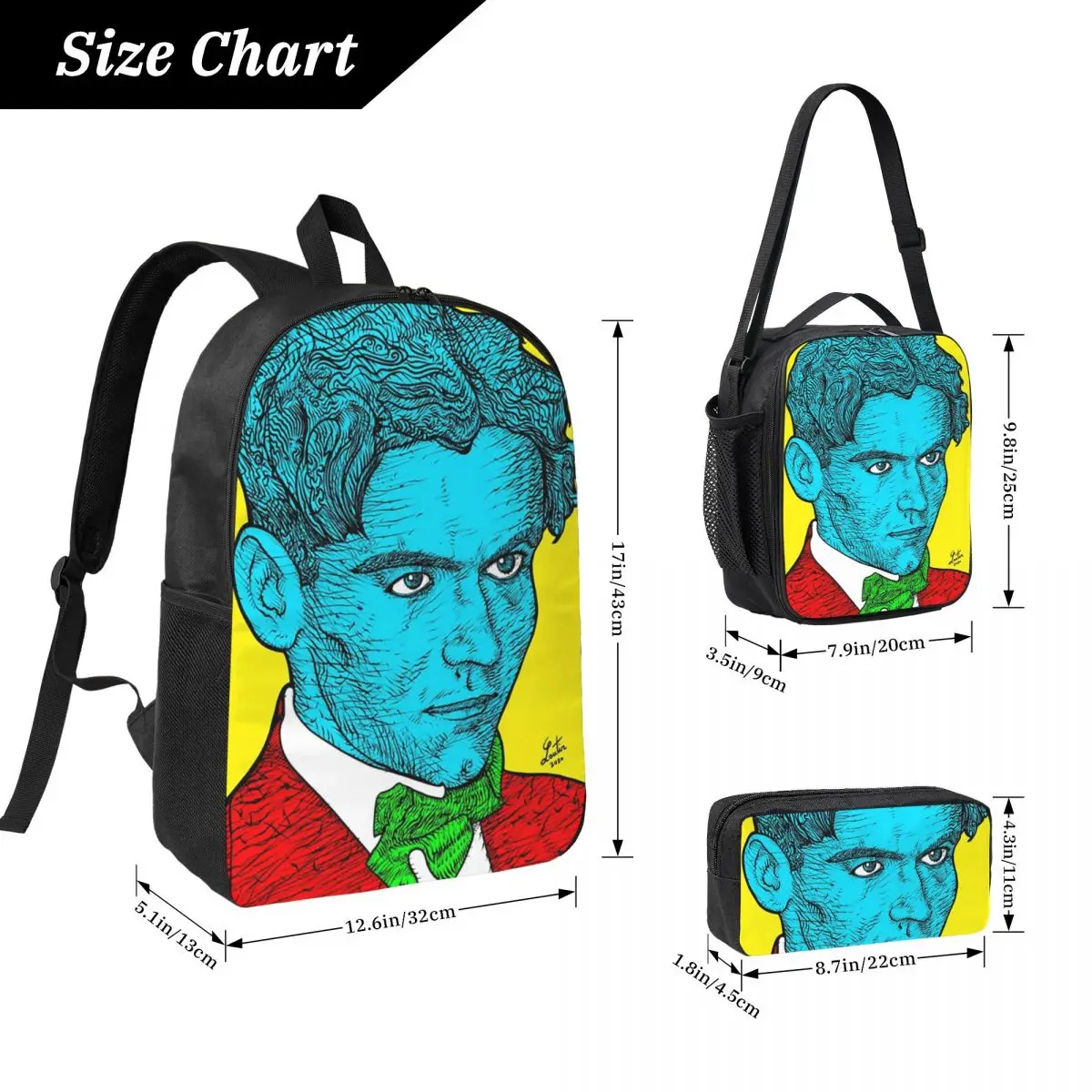 Фото Рюкзак Federico Garcia Lorca Portrait 16, школьная сумка, сумка для ноутбука, сумка через плечо, набор из 3 предметов: термосумка для обедов, пенал №2