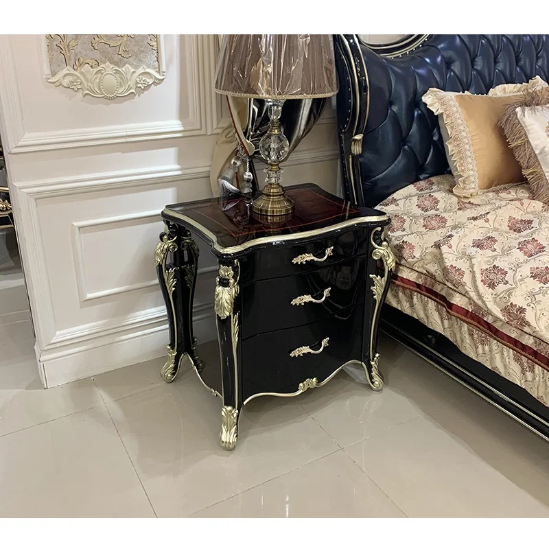 

European style bedside table solid wood carved bedside table pasted with wood parquet bedroom lockers three drawers