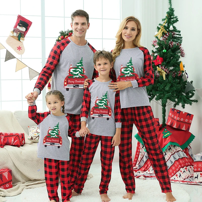 Christmas Matching Family Pajamas Red Plaid Truck with Christmas Tree Gray Pajamas Set With Baby Pajamas
