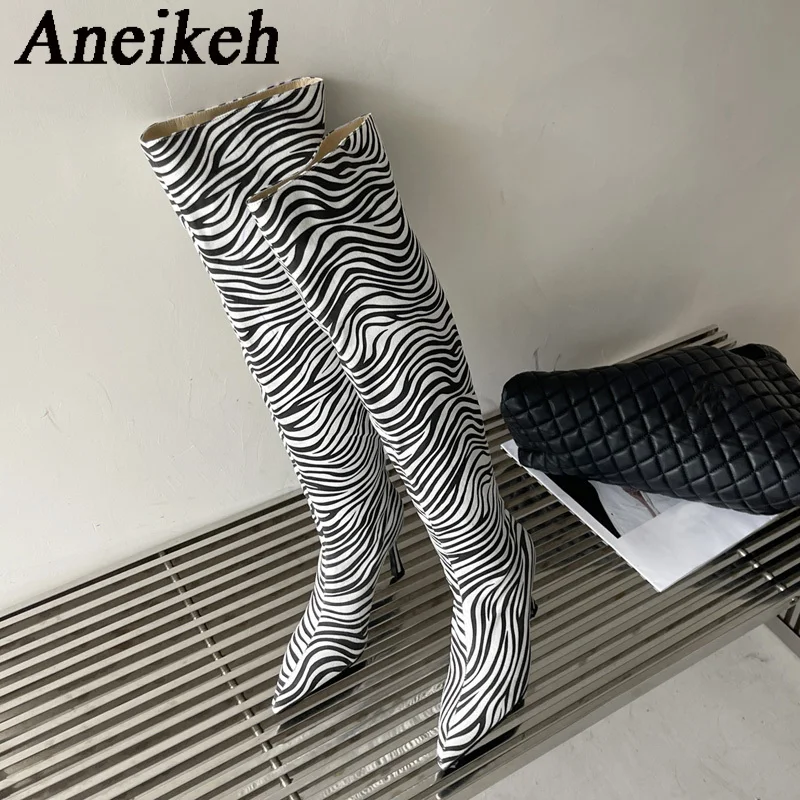 

Aneikeh Faux Leather Pointed Toe Boots Women's Over The Knee Fashion Thigh High Boots Sexy Zebra print Long Party Night Club