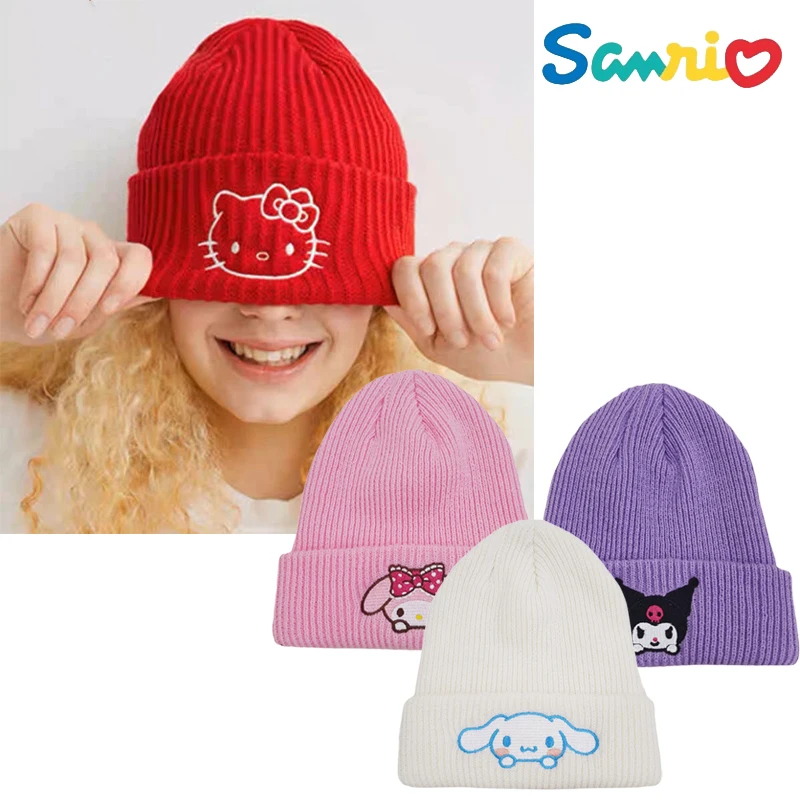 

Sanrios Hellokitty Cinnamoroll My Melody Embroidered Knitted Hat European American Woolen Wool Cap Kuromi Warm Pullover Hat Gift