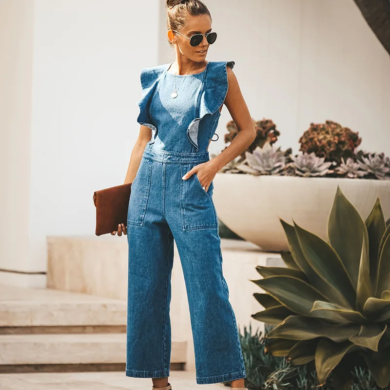 

Women's Denim Jumpsuit Wide Leg 2022 New Solid Color Sexy Lace Up Fashion Casual Zipper Stitching Slim Ruffled Denim Jumpsuit