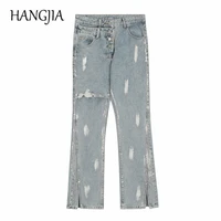 washed blue splash ink skinny micro flared jeans streetwear hip hop double layer button split slim fit jeans pant for men