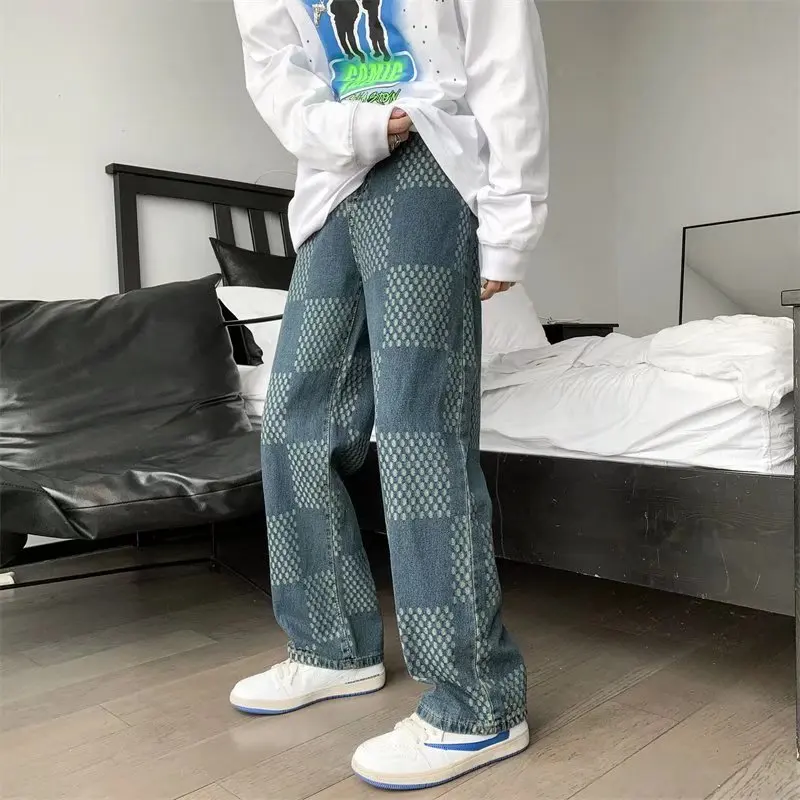 Mens Printed Jeans 2023 New Darker Blue Straight Lift Pattern Loose High Street Casual Boyfriend Pants