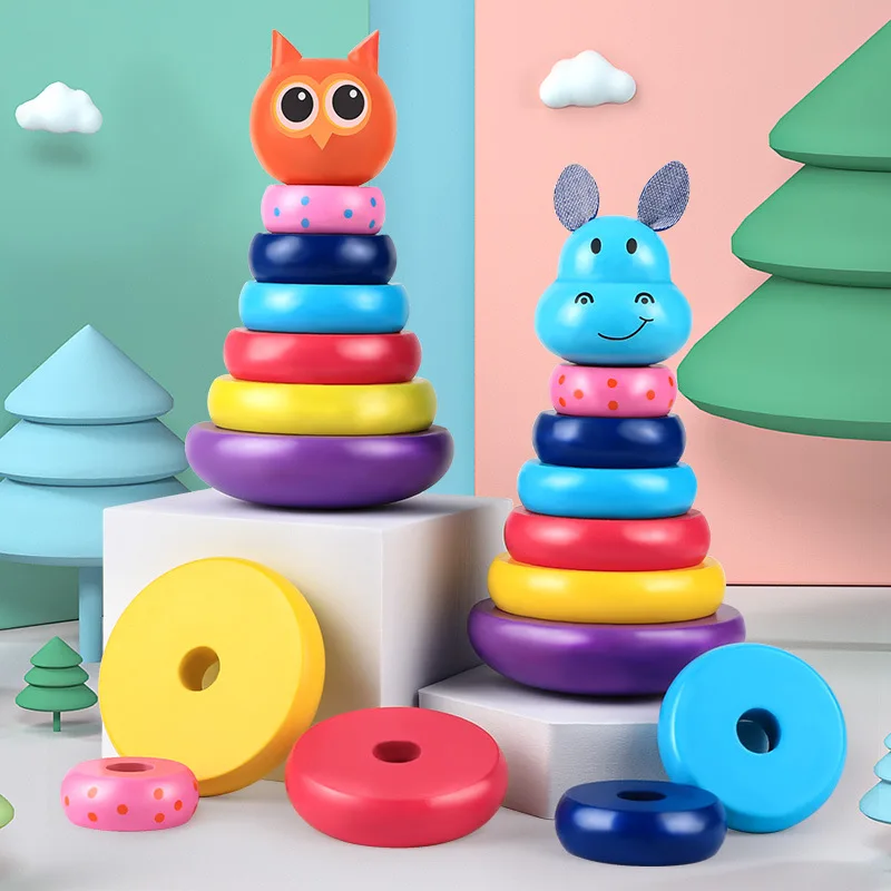 

Montessori Wooden Tumbler Toy Rainbow Tower Stacking Circle Baby Early Childhood Education Puzzle Ring Toy for 1-5 Years Old Kid