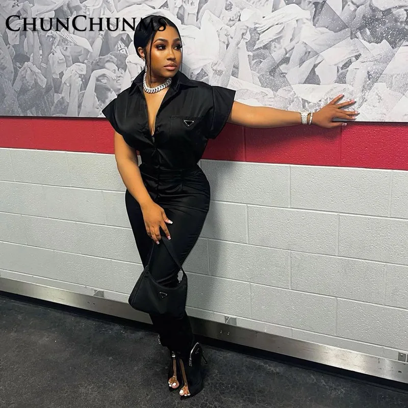 

Женский комбинезон с отложным воротником, черный комбинезон на пуговицах с коротким рукавом, одежда для работы, офисные брюки, модный празд...