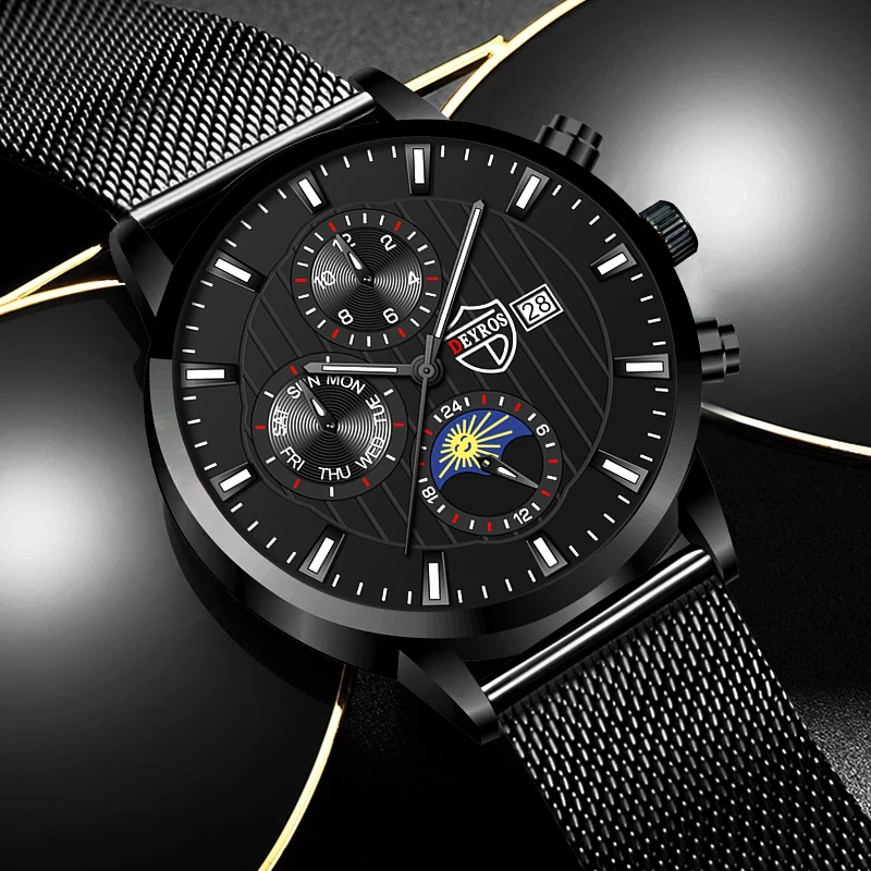 

reloj hombre 2022 Men's Fashion Business Calendar Watches Blue Stainless Steel Mesh Belt Analog Quartz Watch relogio masculino
