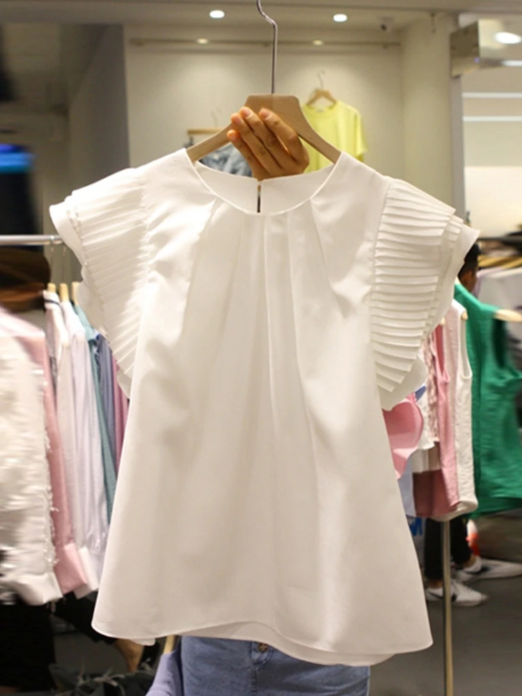 

Solid Flare Sleeved White Women Blouse Summer New Desgin 2022 O-Neck Slim Elegant Office Lady Pulls Tops