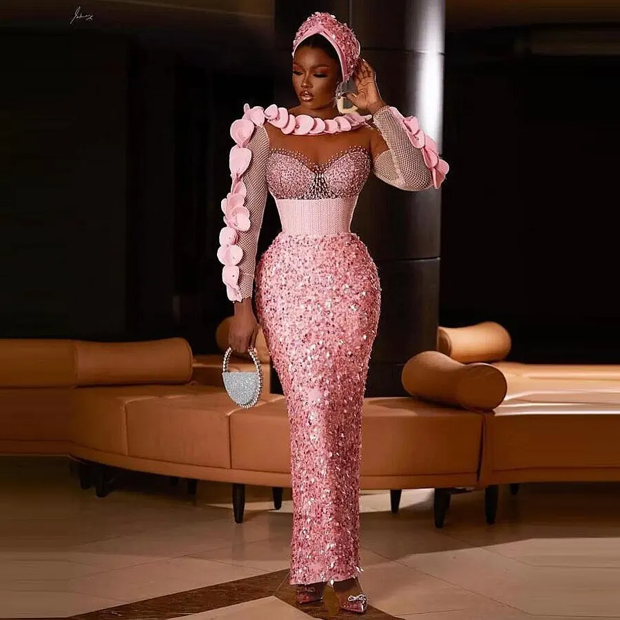 

Sequined Pink Prom Dresses Sheer Neck Major Beads Luxury 3D Petats Celebrity Pageant Dress Evening Gowns For African 2023