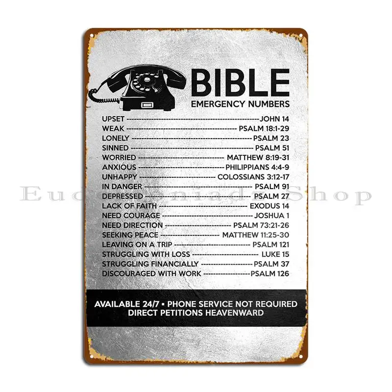 

Bible Emergency Numbers Metal Plaque Designer Design Cinema Wall Cave Printing Tin Sign Poster