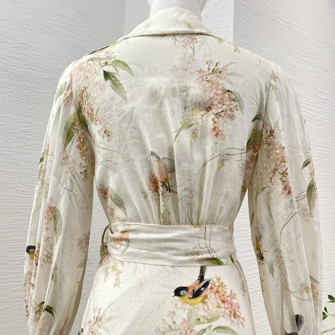 2024 новое льняное винтажное бежевое платье с цветочным принтом птиц и длинными