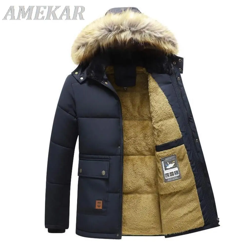 2023 New Men's Winter Parka Fleece Lined Thick Warm Hooded Fur Collar Coat Male Down Jacket Plush Jacket Autumn Work Outwearing