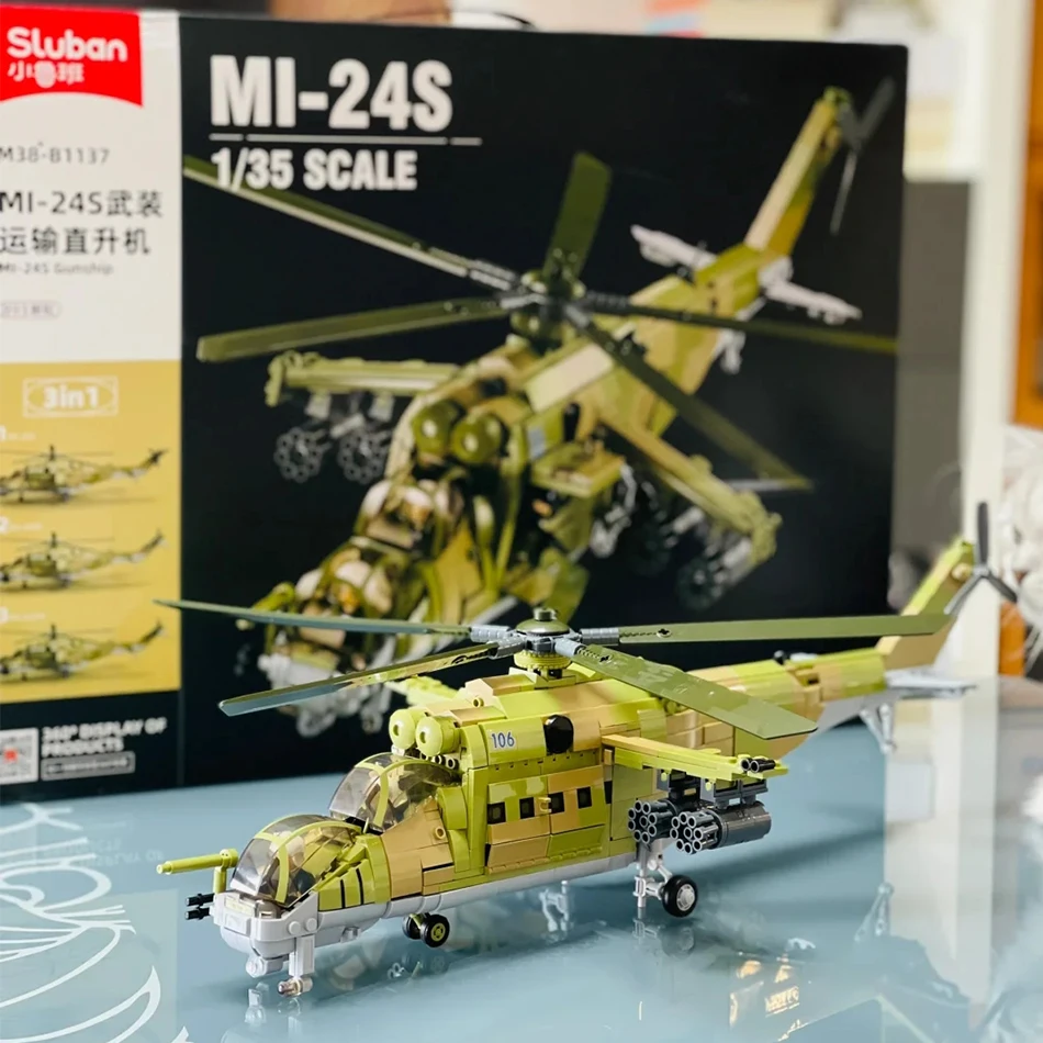 Фото Конструктор Sluban MI-24: Новый военный вертолет, модель современных вооруженных сил, набор для сборки своими руками, кирпичики для детей, игрушка на день рождения №1