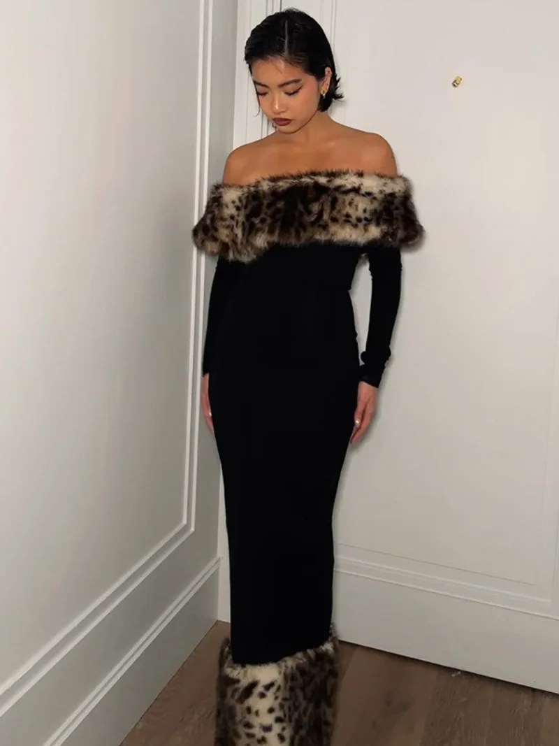 Элегантное лоскутное платье с леопардовым принтом из искусственного меха