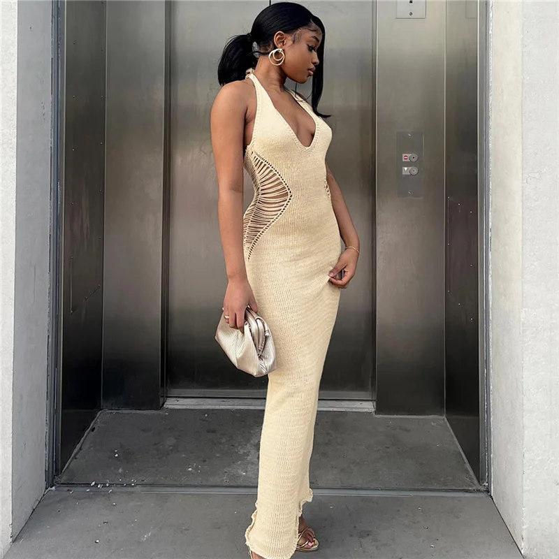 

Casual Knitted Sexy Women Pullover Long Hollow Out Summer Fashion Sweater Dress Backless Maxi Off Shoulder Dress 2022