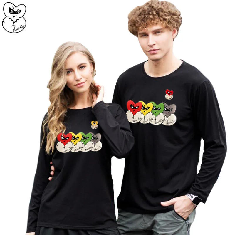 

Break Egg Men Women Autumn T-shirt Cartoon Eggshell Color Embroidery Printing Cotton O-Neck Long-sleeved Casual T-shirt