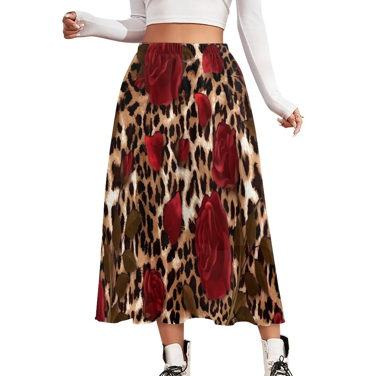 

Floral Leopard Chiffon Skirt Red Rose Print Street Wear Long Skirts Woman Modern Boho Skirt Graphic Clothes Birthday Present