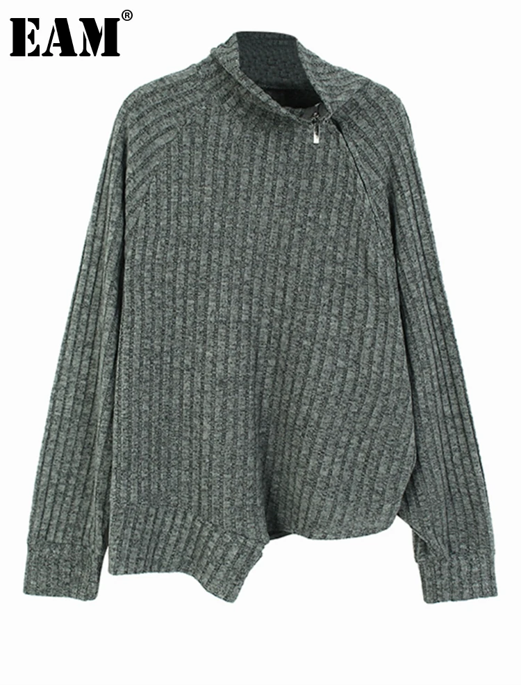 

[EAM] Gray Irregular Big Size Knitting Sweater Turtleneck Long Sleeve Women Pullovers New Fashion Spring Autumn 2023 1DH2740
