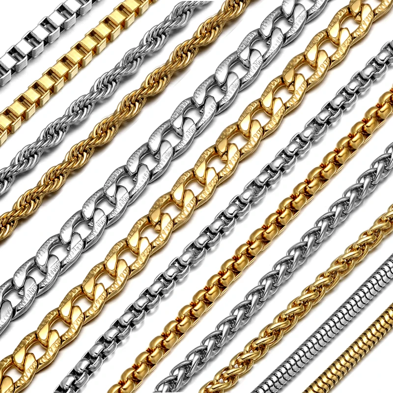 

US7 2022 New 24 Inches Stainless Steel Cuban Link Chain Necklace For Men Women Jewelry Snake/Box/Hanging/Curb/Flat/Twist Choker