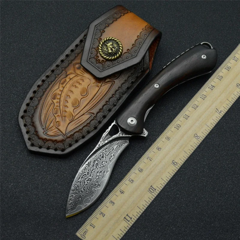 

Damascus Steel Dog Leg a Folding Knife Dalbergia Hupeana Wooden Handle Sharp Portable Knife Outdoor Car Camping Self-Defense Lea