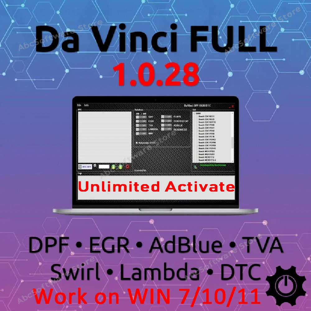 

Davinci 1.0.28 Unlimited Activate DPF EGR FLAPS ADBLUE OFF CHIPTUNING REMAPPING SW DAVINCI V1.0.28 ECU Programmer for Win7/10/11