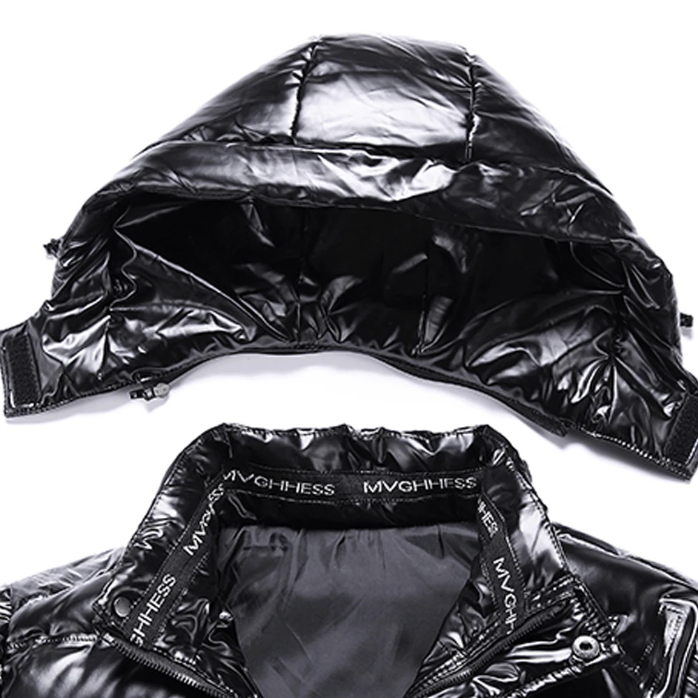 New Bright Leather Winter Men's Jacket Casual Parka Outwear Waterproof Puffer Padding Warm Stand With Hood Outwearing Coat