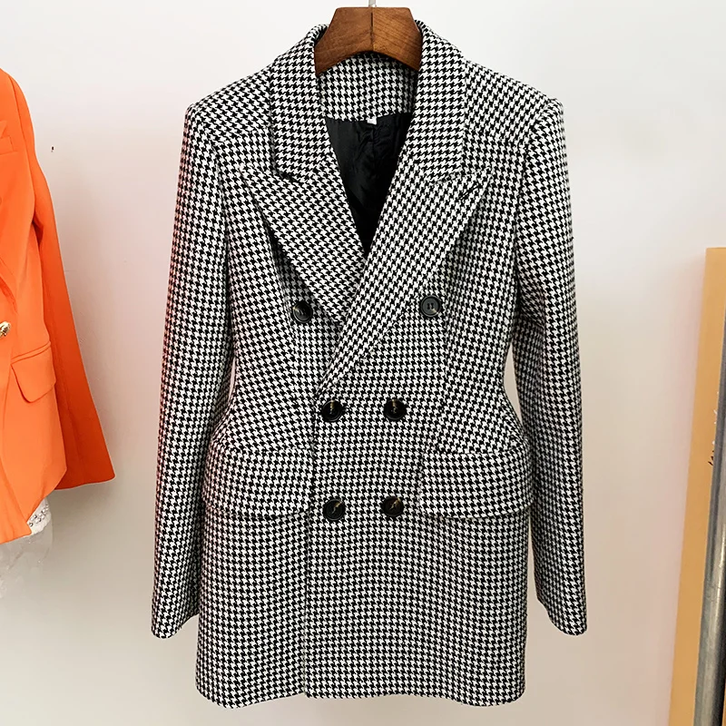 

HIGH STREET Newest Fashion 2022 Designer Coats Women's Double Breasted Wool Blend Houndstooth Tweed Coat