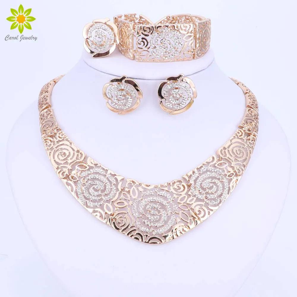 

Fashion Wedding African Jewelry Sets Gold Color Carving Flower Statement Crystal Necklaces Earring Bracelet Ring Set