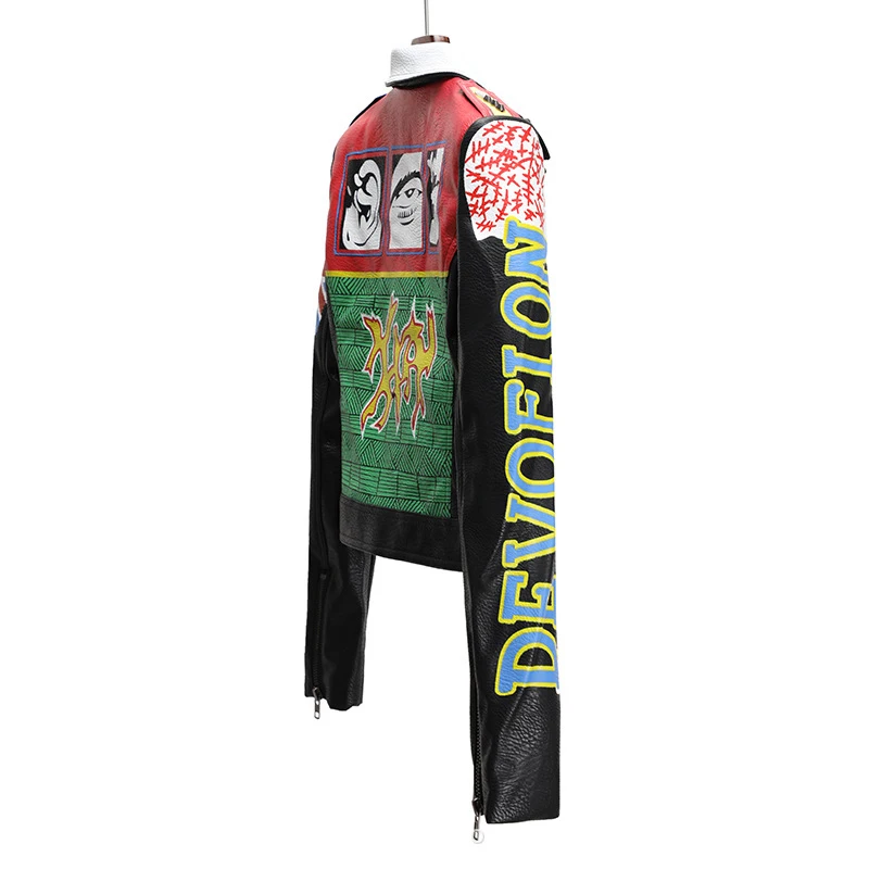 Rock Punk Motorcycle Jackets Women 2023 Trend Streetwear Contrast Stitched Graffiti Print Faux Leather Studded Leather Jacket