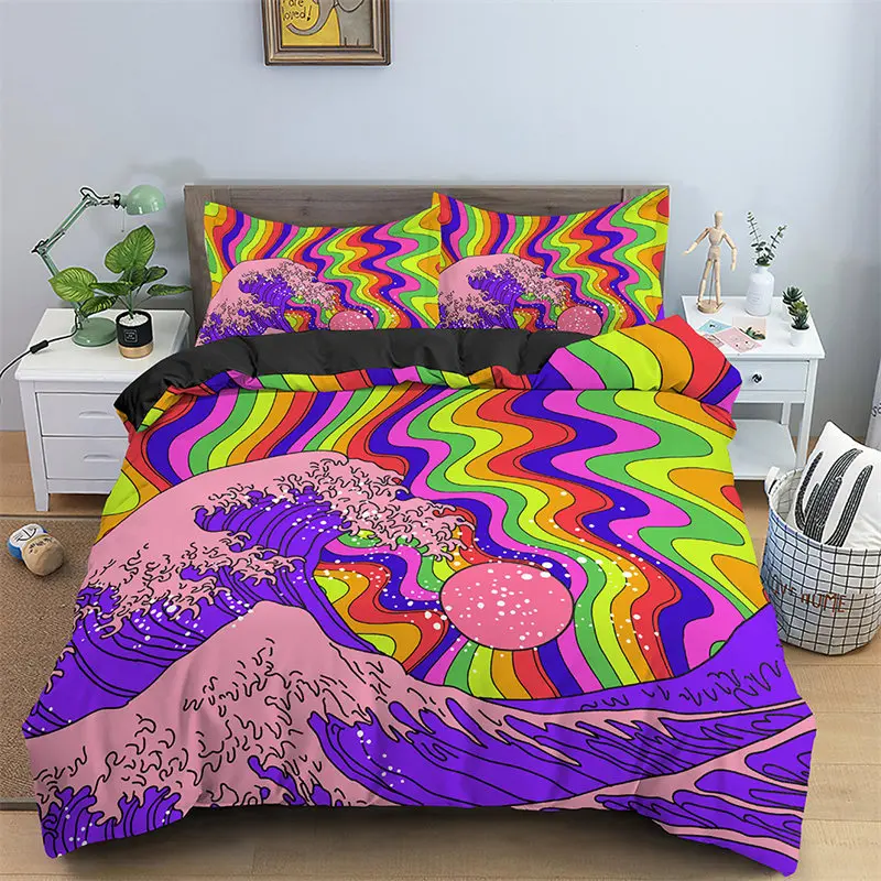 

Japanese Waves Duvet Cover Microfiber Abstract Geometric Pattern Bedding Set Psychedelic Comforter Cover For Girls Teen Bedroom
