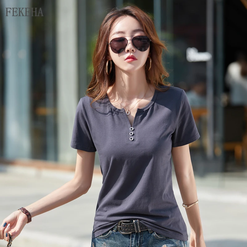 

Summer Women T-Shirt V Neck Loose Tee Tops Solid Female Clothing