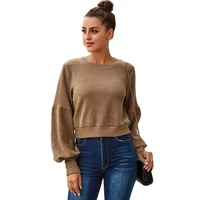 european american hot selling womens autumn winter fashion new loose round neck lantern sleeve short sweater