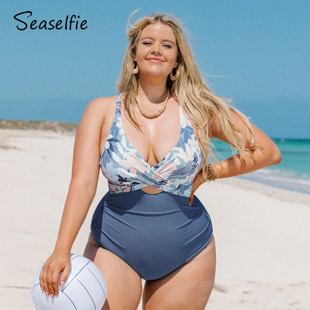 

SEASELFIE Plus Size Push Up V-neck Floral One Piece Swimsuit Women Sexy Large Size Monokini Bathing Suit 2022 Beach Swimwear