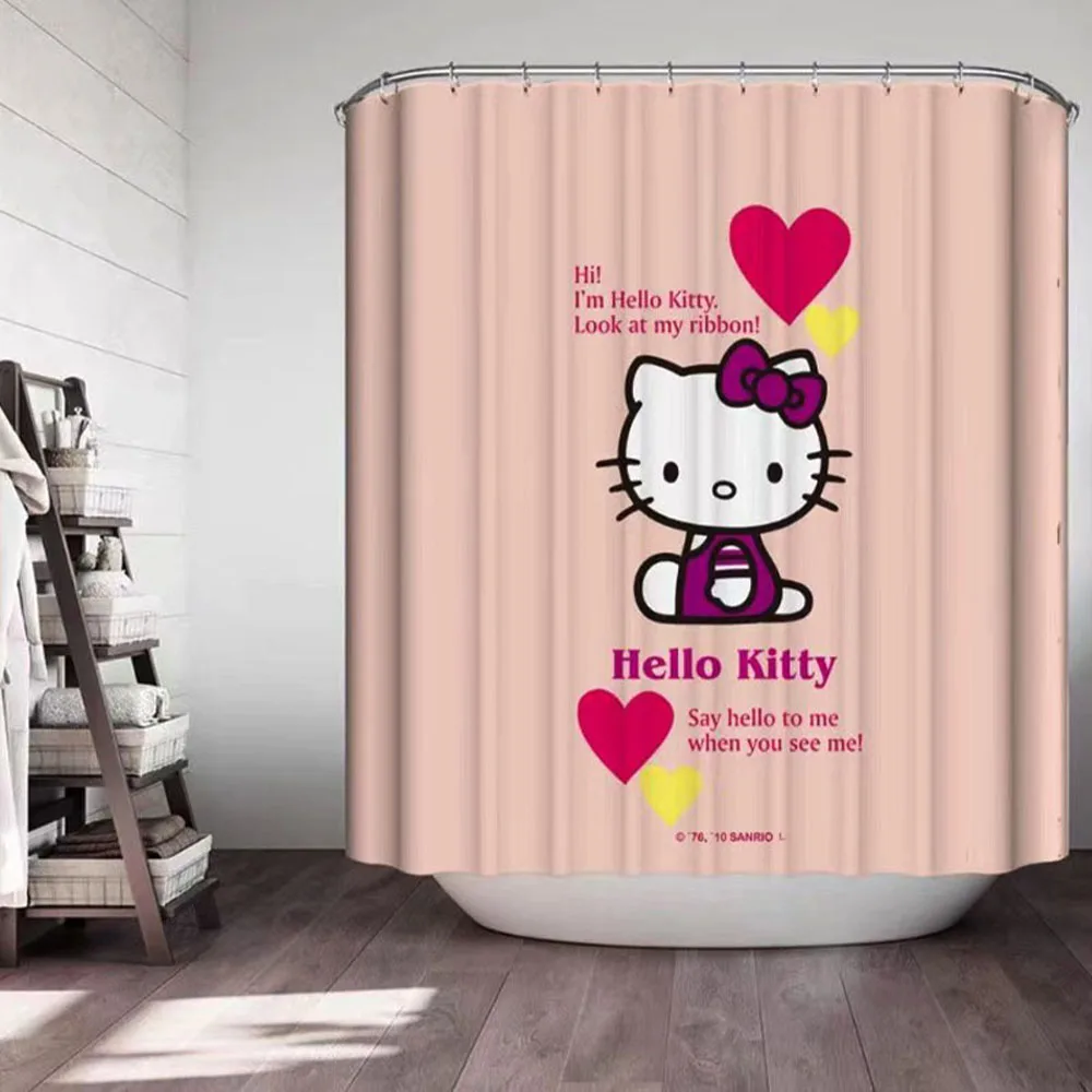 

Sanrio Hello Kitty Shower Curtain Kawaii Kt Anime Figure Shower Partition Bathroom Bath Water Proof Household No Punching Cute