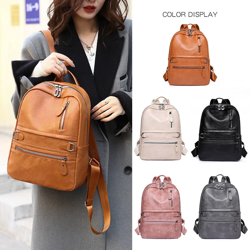 

SEETIC Women Pu Leather Backpack Fashion Ladies Travel Backpack Solid Color Multiple Pockets Backpack College Student Bag Female