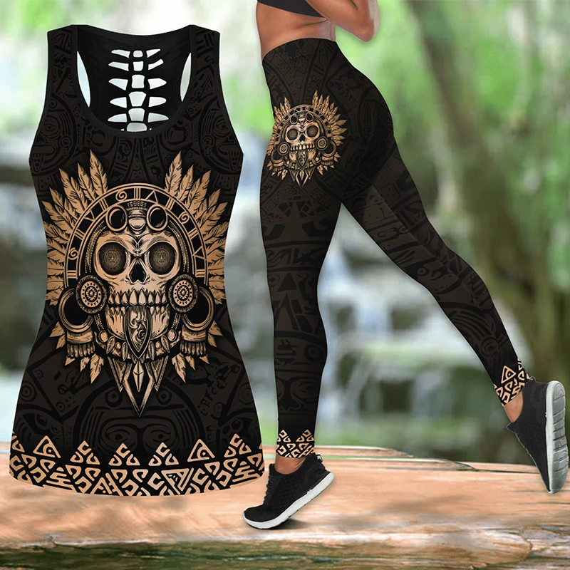 Summer Women's Fashion Mexico Aztec Combo 3D Print Yoga Leggings Summer Vest For Women Sports Suit Yoga Tank Tops Leggings Suit