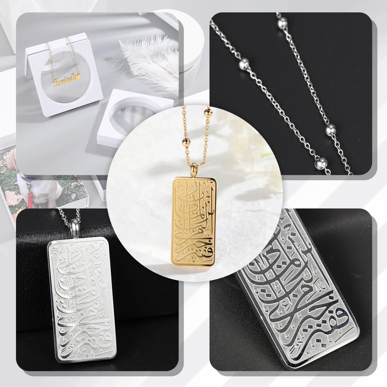 Customized Suratul Qasas Necklace Gold Stainless Steel Chain Square for Women Pendant Islamic Calligraphy Arabic Necklace Gifts