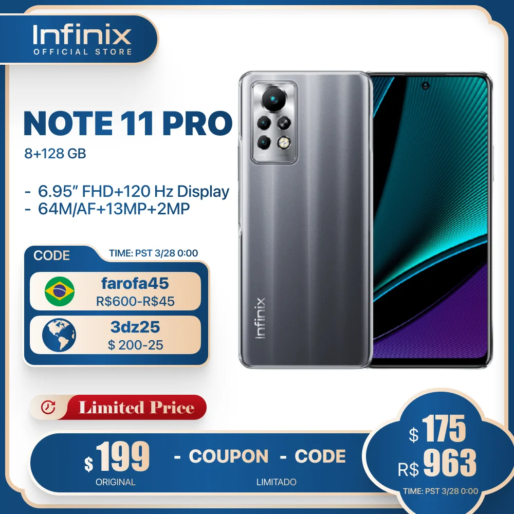 

Infinix NOTE 11 PRO 8GB 128GB 6.95'' Display Smartphone Helio G96 120Hz Refresh Rate 64MP Camera 5000 Battery 33W Super Charge