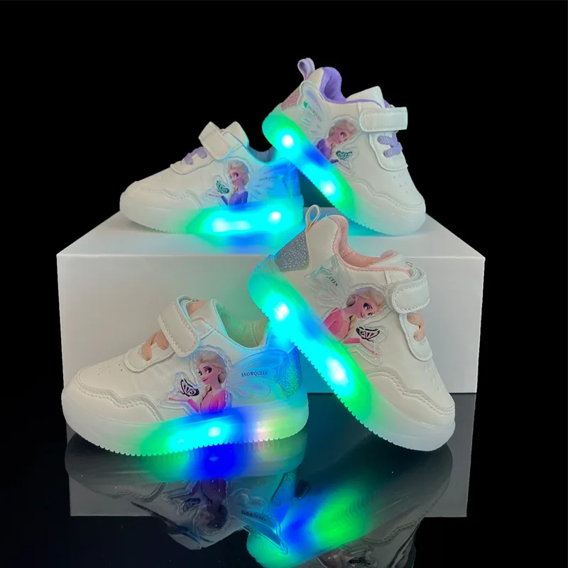Frozen Princess Disney New Children Shoes Hot Sales LED Colorful Lighted Kids Sneakers Classic Glowing Infant Girls Tennis