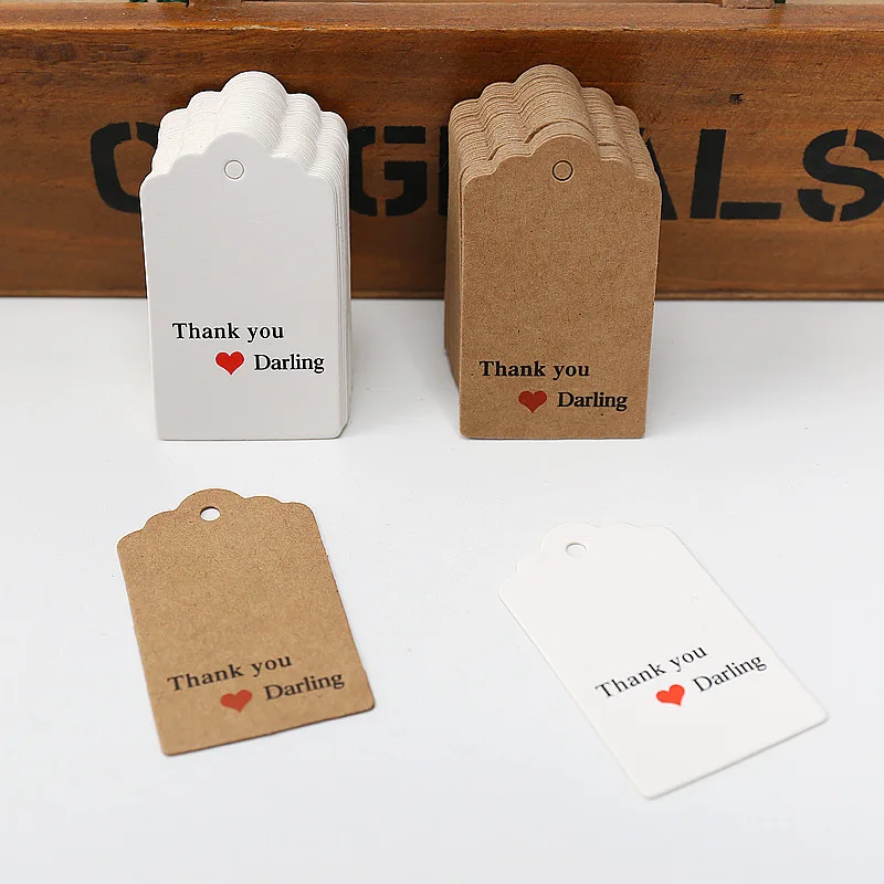 

100pcs Thank You Darling Gift Tags 5*3cm White Kraft Paper Cards Thank You Gifts Accessories Hang Tag DIY Packaging Supplies