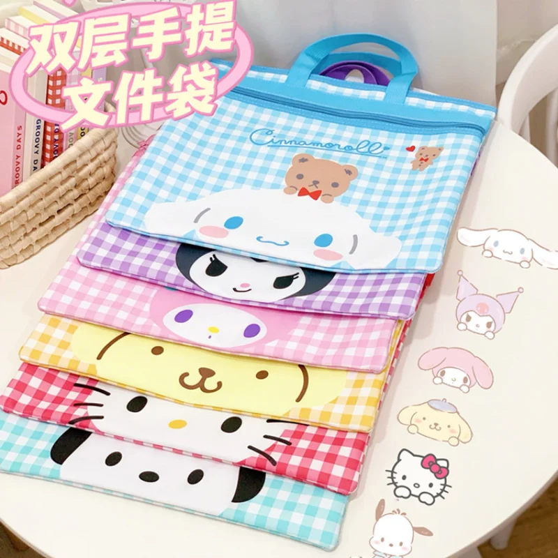 

Sanrio Kuromi Student Tutoring Bag Cinnamoroll Handbag Leather A4 Bag Cartoon File Bag Double Zipper Storage Bag