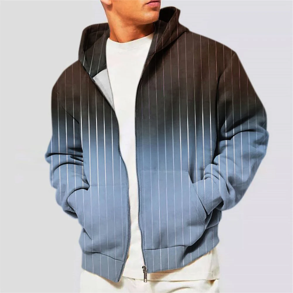 

Autumn Winter Men Striped Gradient Hoodies Zip Up Long Sleeve Hooded Sweatshirt Jackets Athletic Hoodie Outwear Coats Male