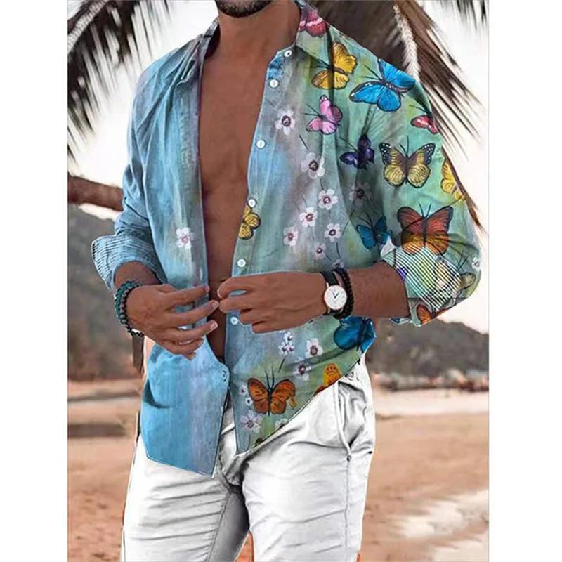 New Fashion Men Shirt Autumn Casual Flower Hot Selling Men's Long Sleeve Shirts Casual Print Top