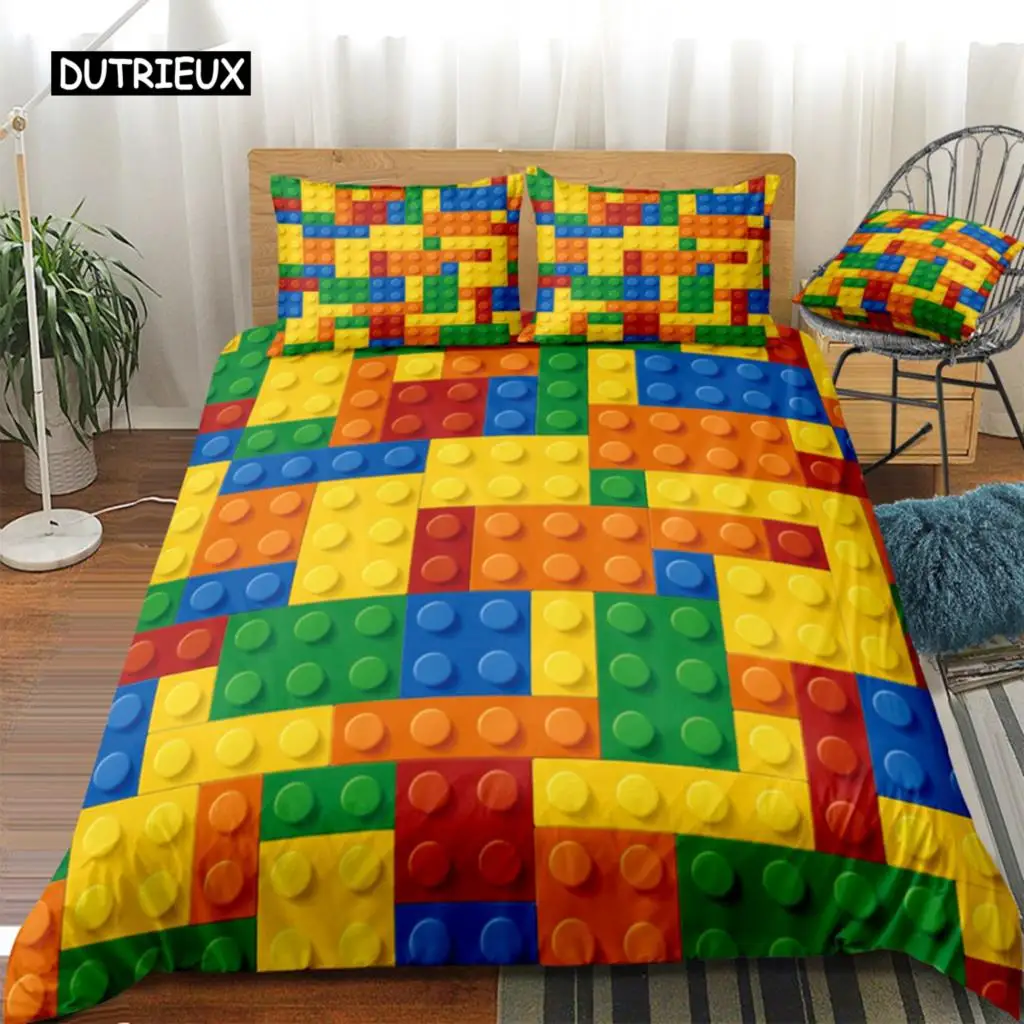 Toy Print Bedding Set Dot Building Blocks Comforter Cover Kids Boy Bed Colorful Bricks Game Bedlinen Duvet