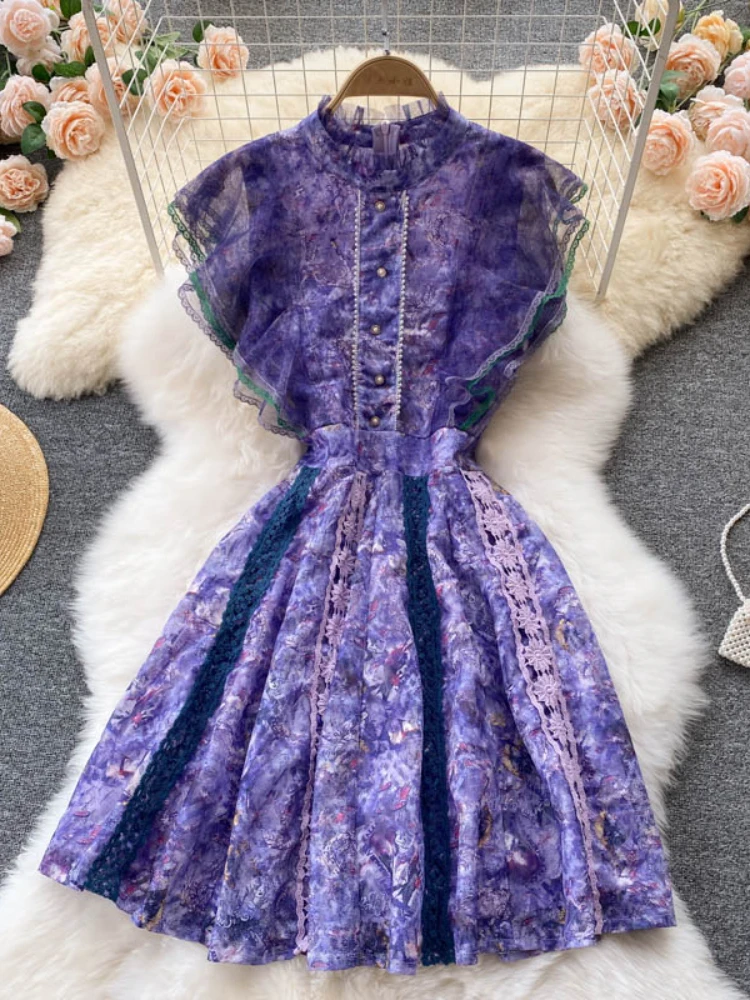 

Palace Style Summer Mini Dresses for Women Clothing Violet Design Mesh Ruffle Edge Slim Fitting A-Line Short Dress
