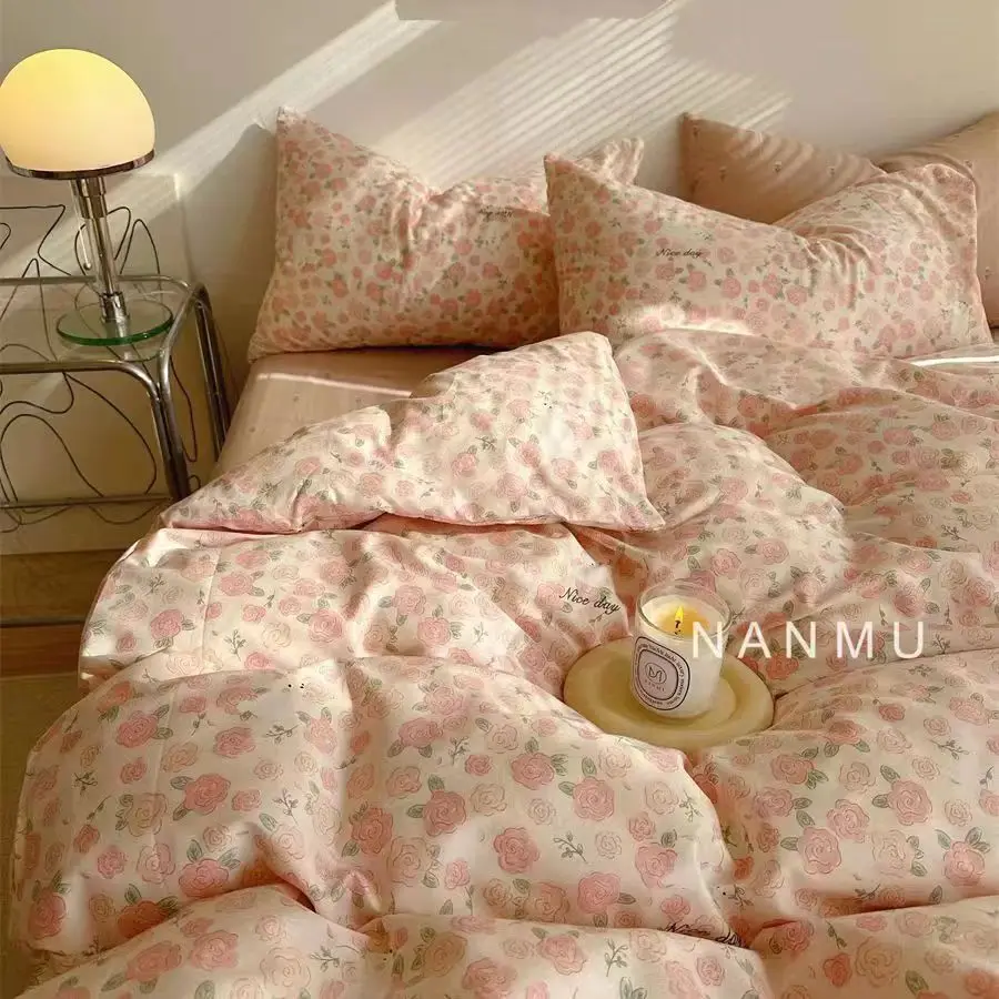 

INS Gentle Pink Rose Bedding Set for Girls Women Soft Bed Sheet Set Pillowcase Single Twin Full 200x230cm Kawaii Duvet Cover